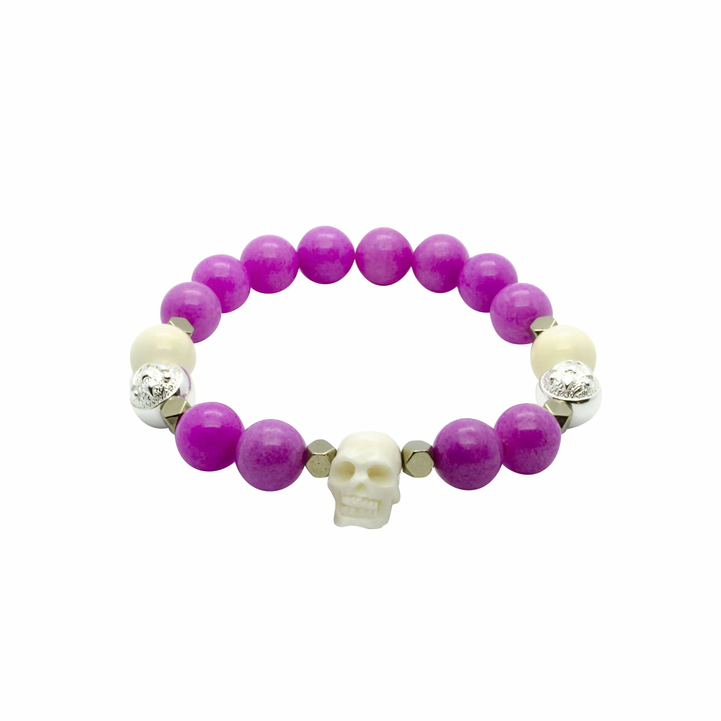 Stylish Pink Jade Bracelet with Skull, Ox Bone And Hematite in Silver | 10MM
