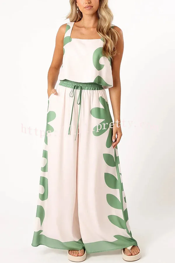 Stylish Printed Sleeveless Tank Top and Pocket Elastic Waist Wide Leg Pants Set