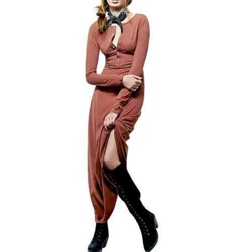 Stylish Round Collar Long Sleeves Solid Color Buttons Women's Maxi Dress - Orange L
