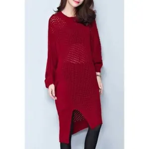 Stylish Round Neck Long Sleeve Hollow Out Asymmetrical Women's Dress - Red M