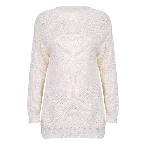 Stylish Scoop Neck Long Sleeve Solid Colour Loose-Fitting Women's Sweater - Off-white S