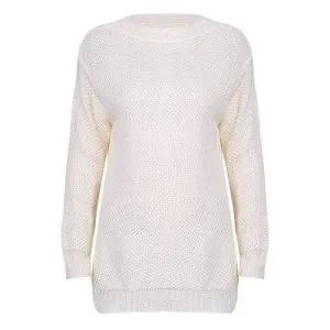 Stylish Scoop Neck Long Sleeve Solid Colour Loose-Fitting Women's Sweater - Off-white S