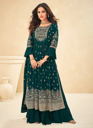 Teal and Gold Embroidered Stylish Sharara Suit