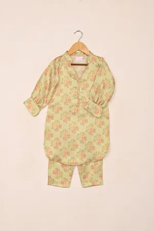 TKF-191-Pastel Yellow - Kids 2Pc Digital Silk Co-Ord Set
