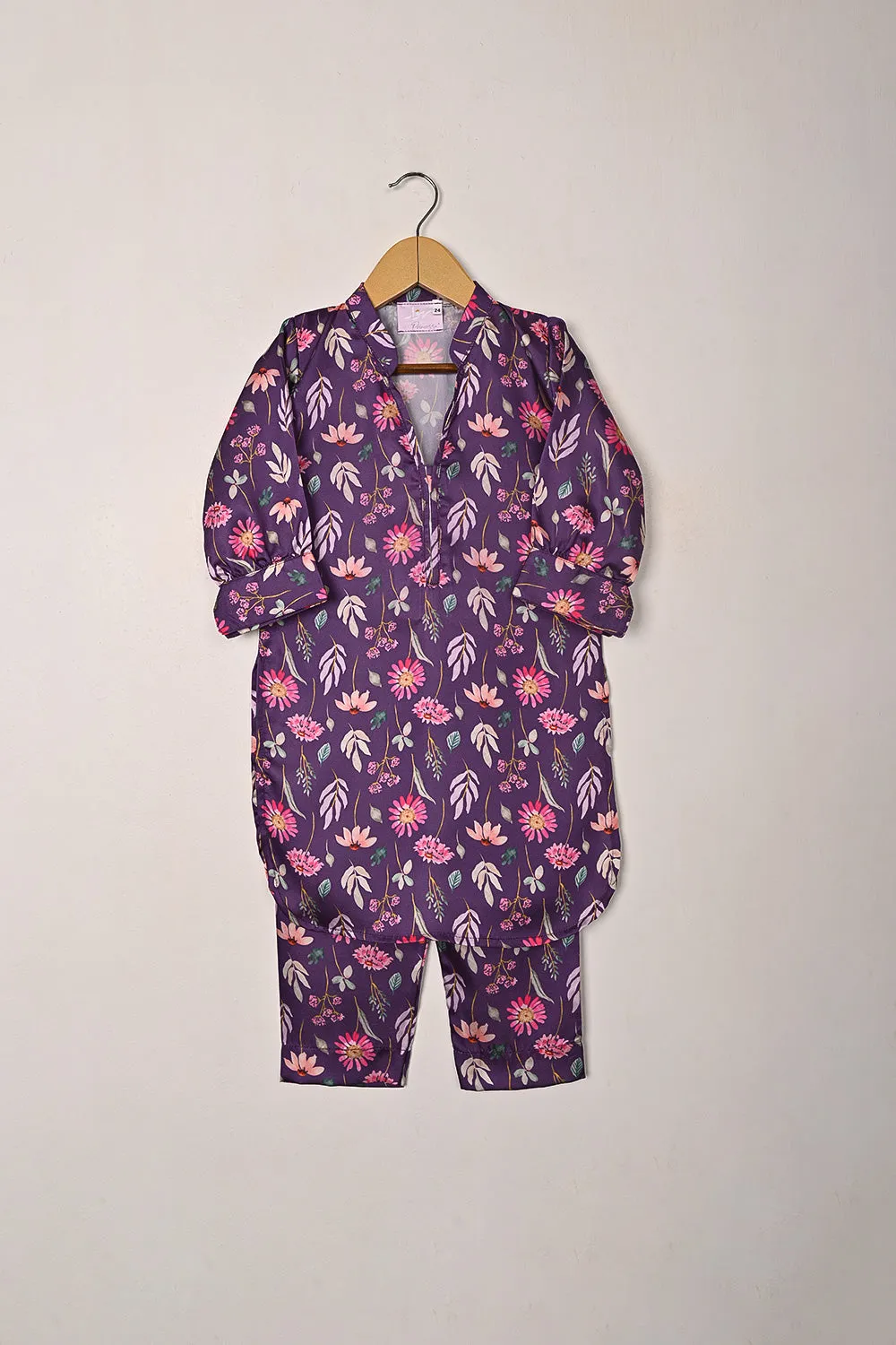 TKF-292-Purple - Kids 2Pc Digital Silk Co-Ord Set