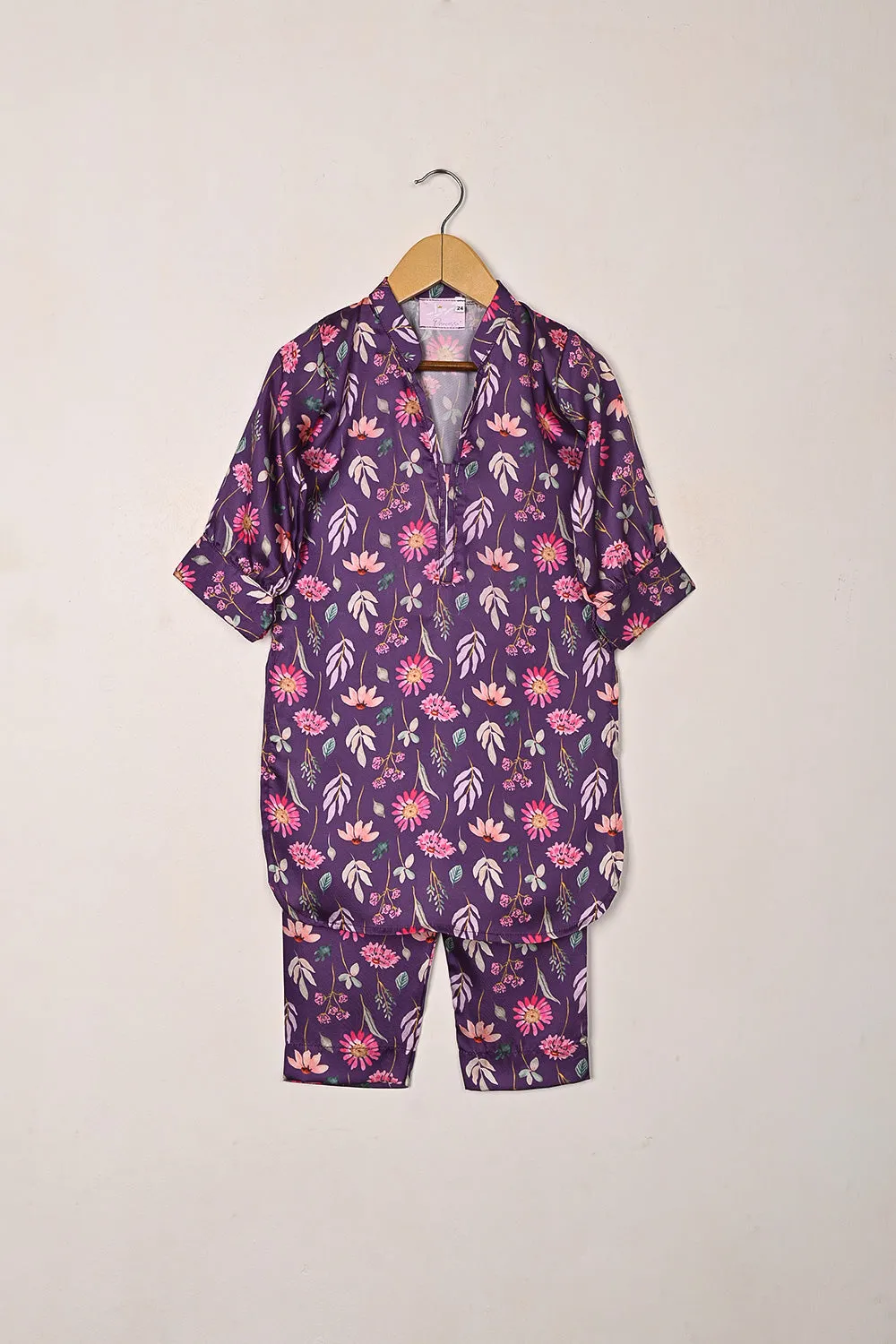 TKF-292-Purple - Kids 2Pc Digital Silk Co-Ord Set