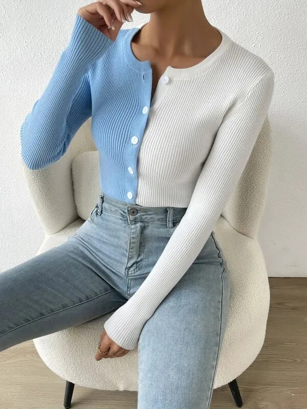 Two Tone Ribbed Knit Button Front Cardigan