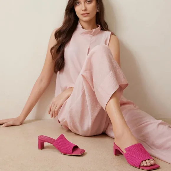 vivaia Jade Square-Toe Block Heel Slides in Pitaya