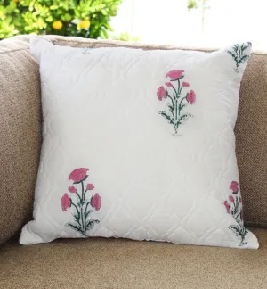 White and Pink Floral Quilted Throw Pillow Cover