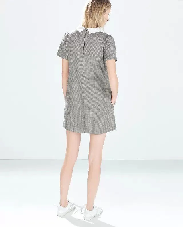 White Collar Grey Houndstooth Print Casual Dress