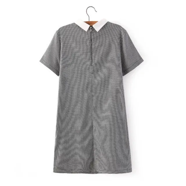 White Collar Grey Houndstooth Print Casual Dress