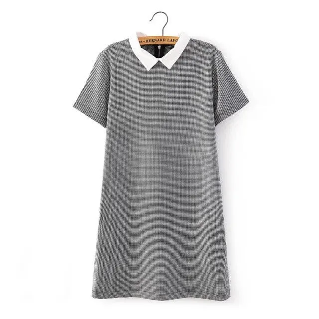White Collar Grey Houndstooth Print Casual Dress