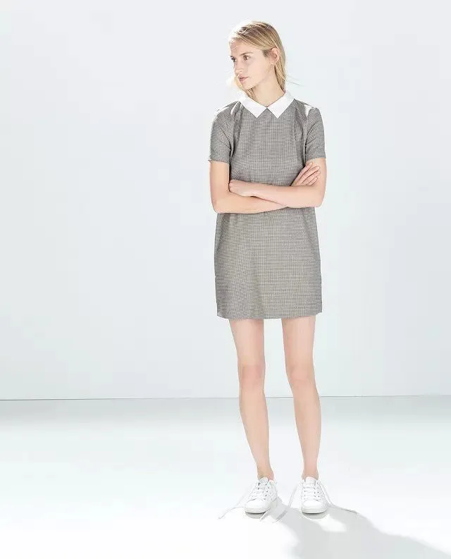 White Collar Grey Houndstooth Print Casual Dress