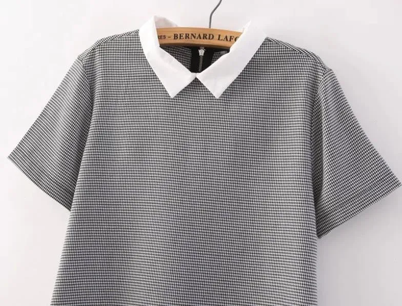 White Collar Grey Houndstooth Print Casual Dress