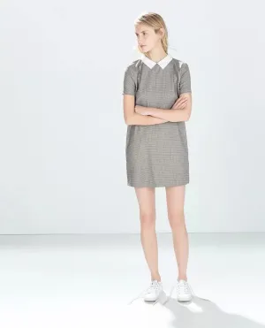 White Collar Grey Houndstooth Print Casual Dress
