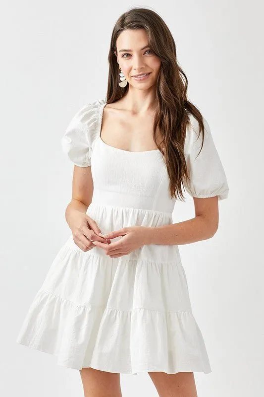 White Puff Sleeve Back Tie Dress
