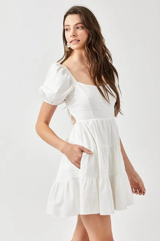 White Puff Sleeve Back Tie Dress