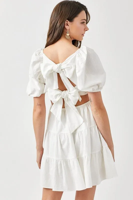 White Puff Sleeve Back Tie Dress
