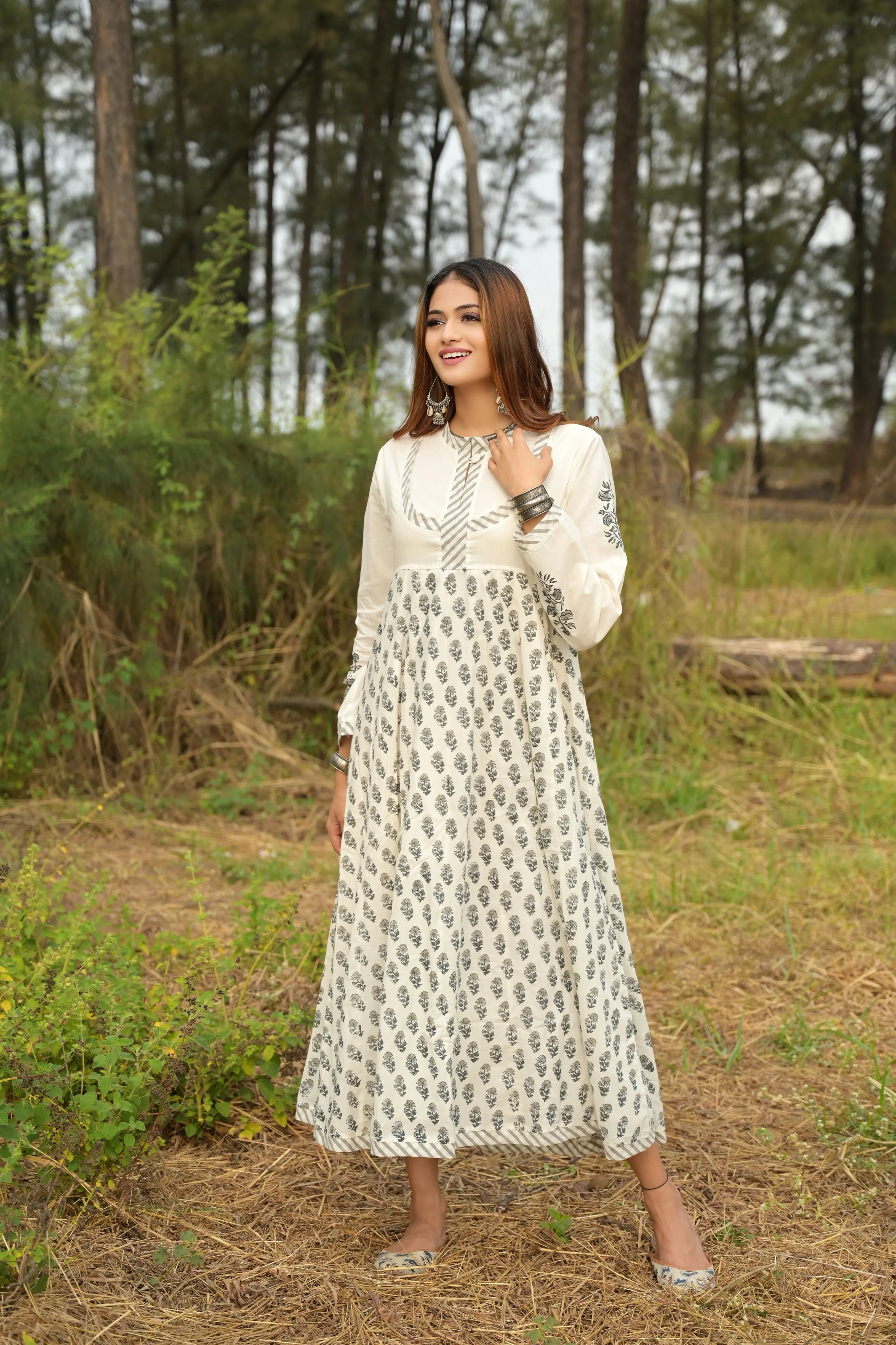 White 'Wonder' Hand Block Printed Cotton Dress - XL