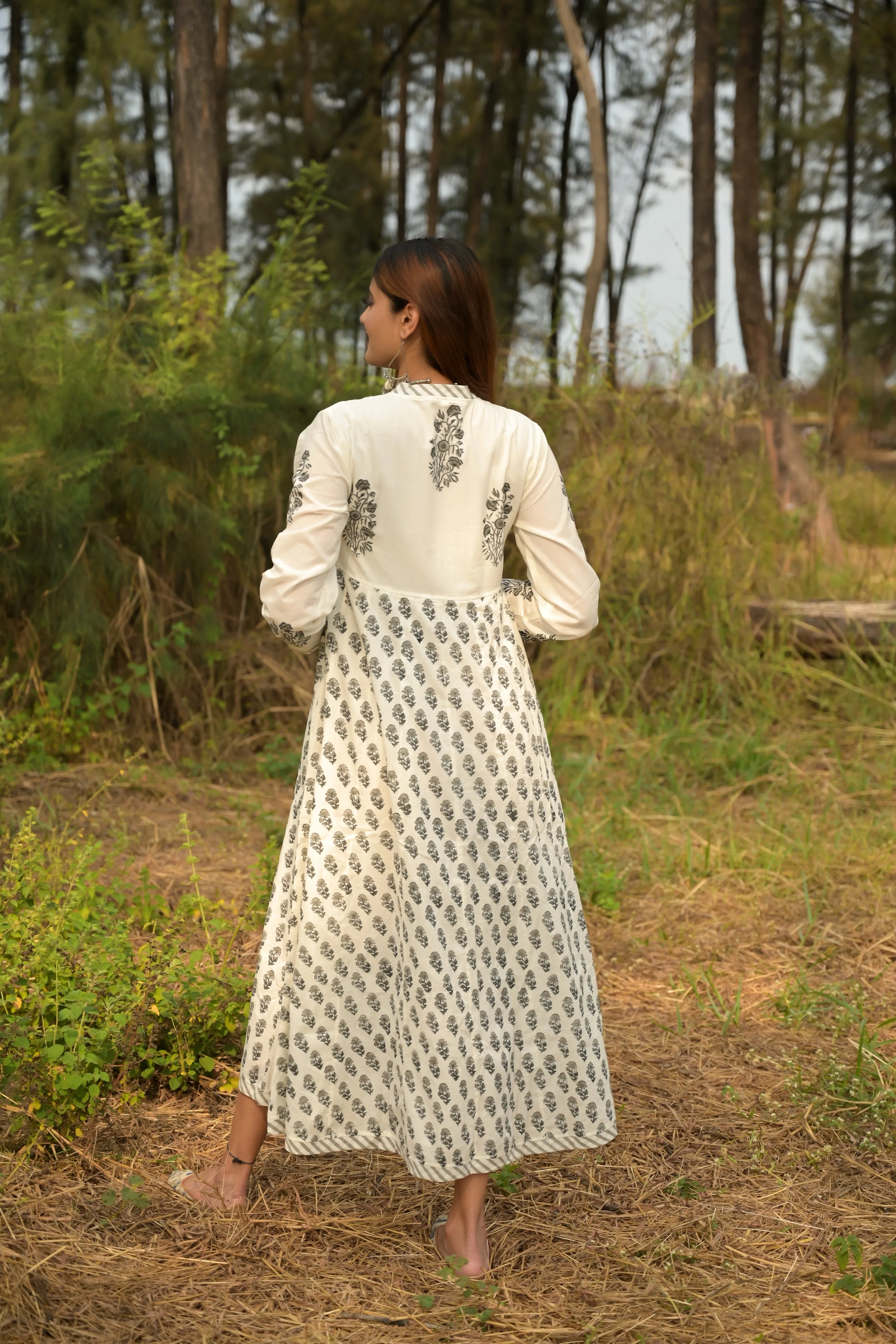 White 'Wonder' Hand Block Printed Cotton Dress - XL