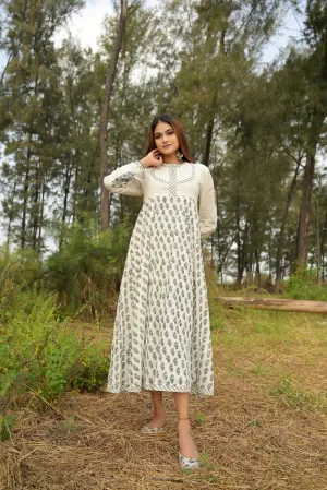 White 'Wonder' Hand Block Printed Cotton Dress - XL