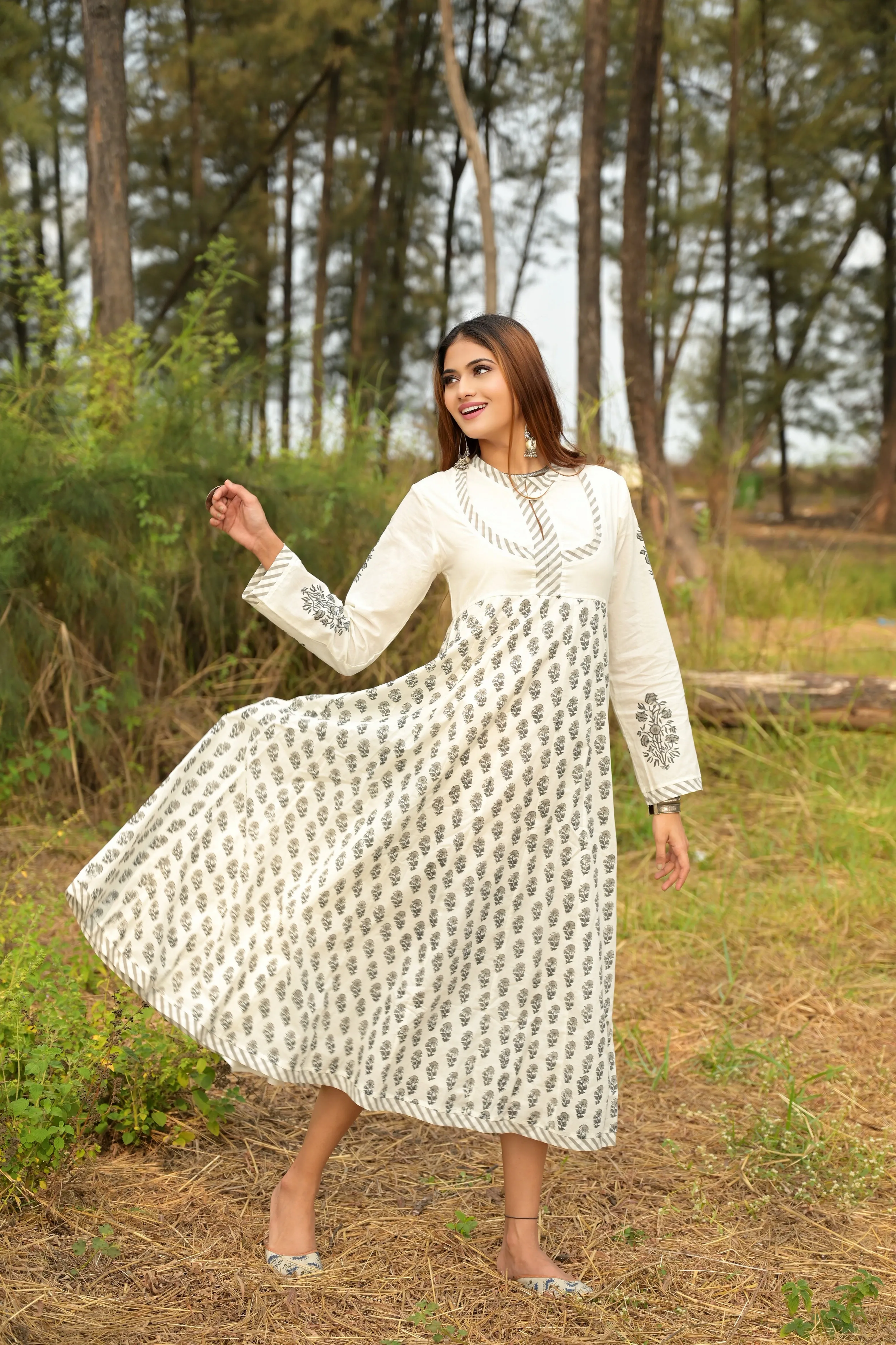 White 'Wonder' Hand Block Printed Cotton Dress - XL