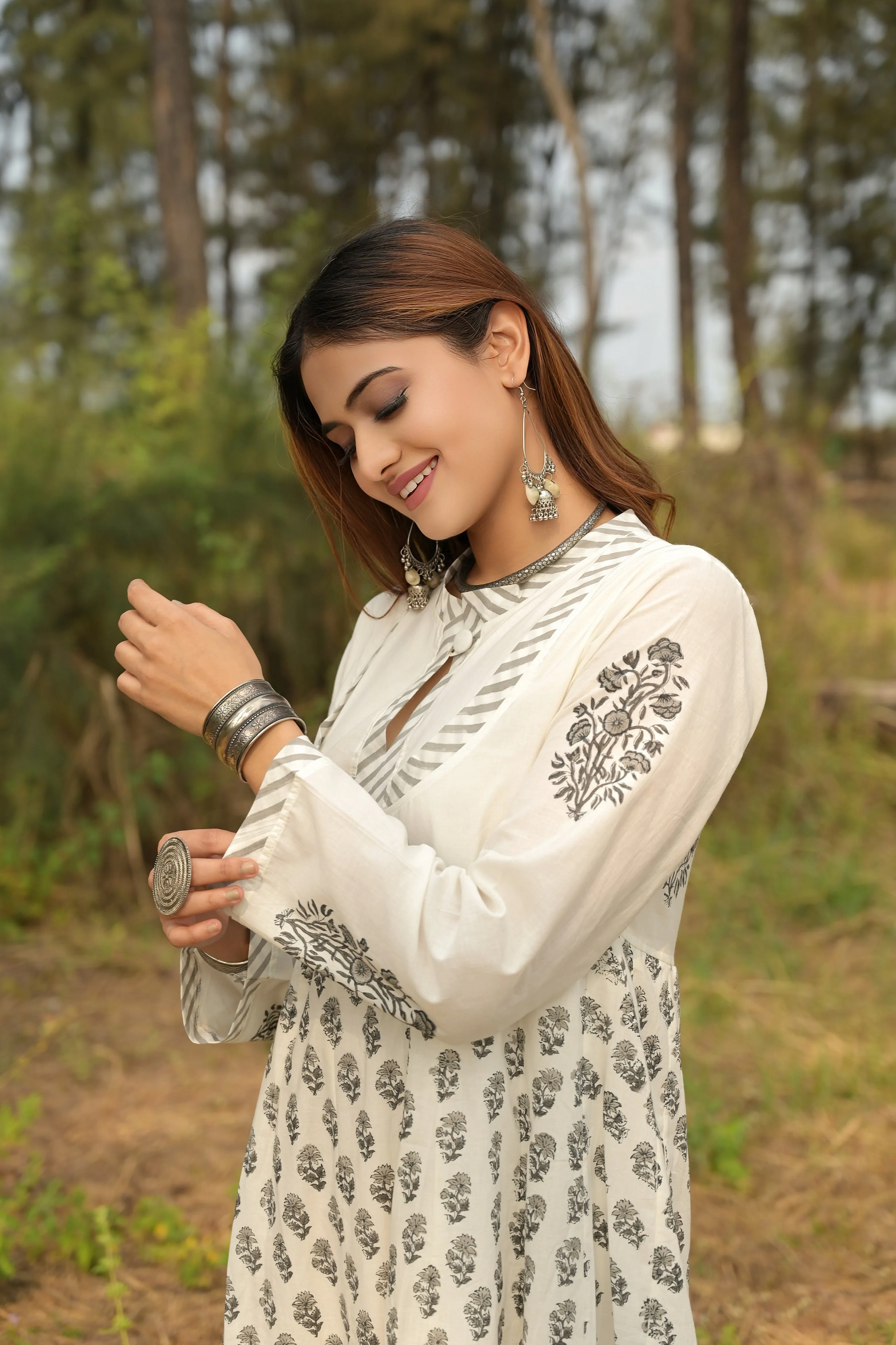 White 'Wonder' Hand Block Printed Cotton Dress - XL