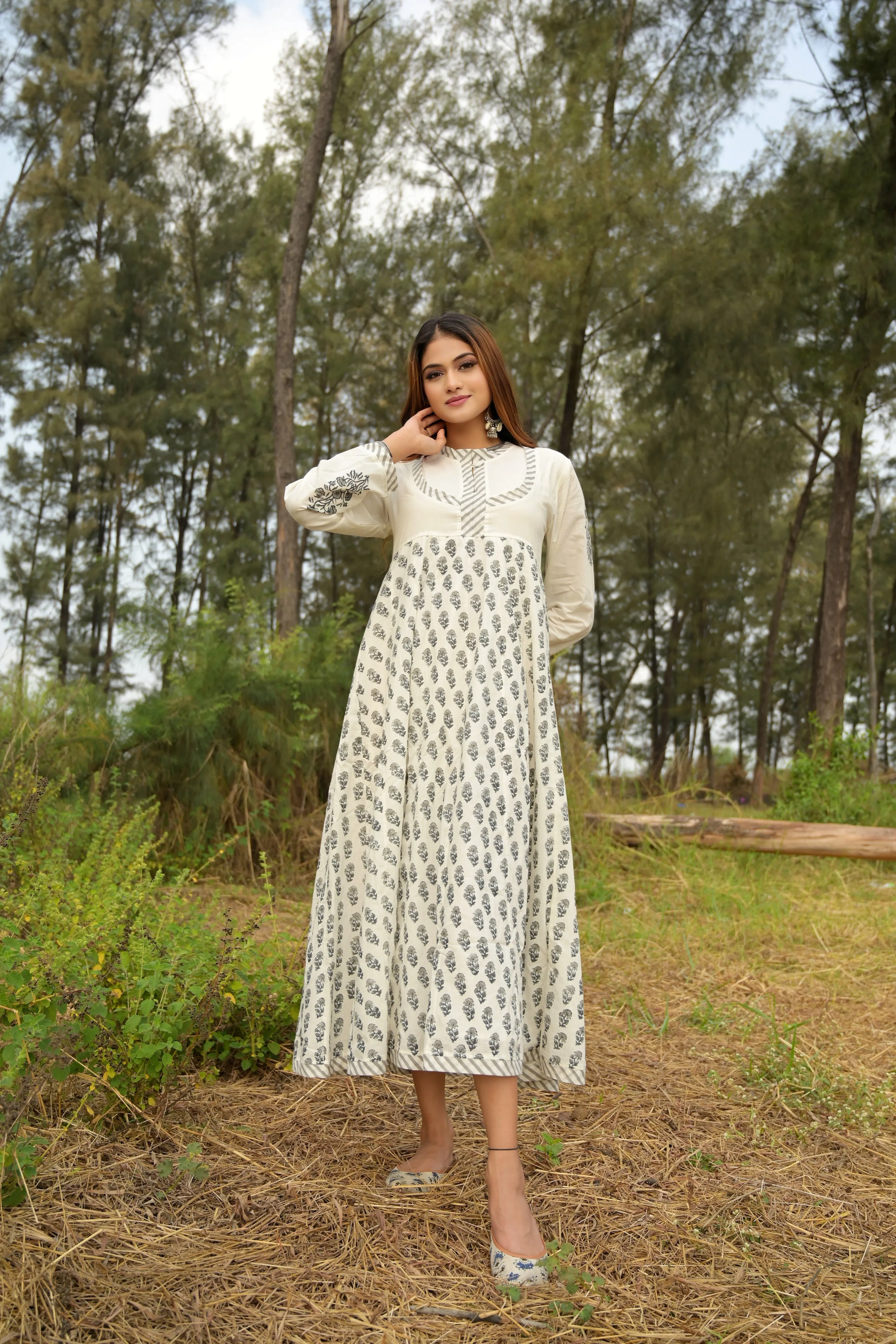 White 'Wonder' Hand Block Printed Cotton Dress - XL