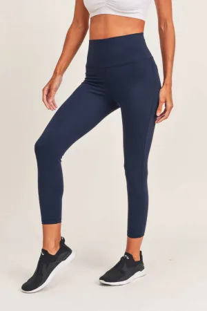 Women's Mono B | Tapered Band Solid Leggings with Back Pockets | Navy