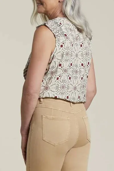 Women's Tribal Jeans | Sleeveless Ruffle Top with Tie Front | Dry Moss