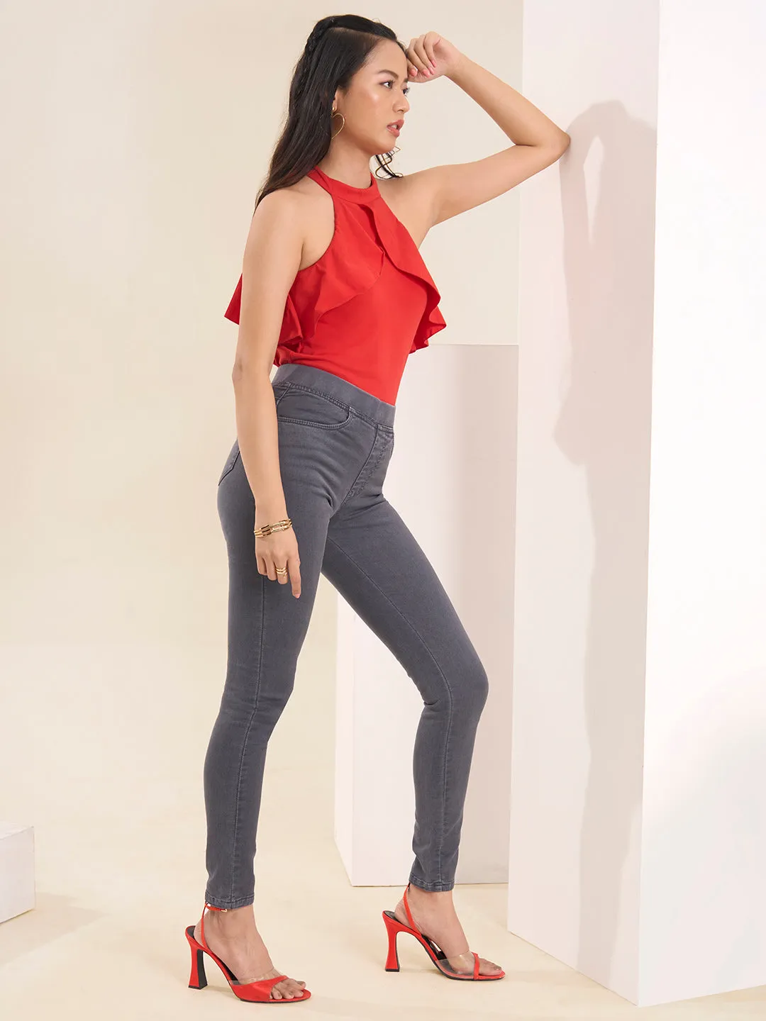 ZOLA Comfortable Denim Dark Grey Full Length Jegging for Women