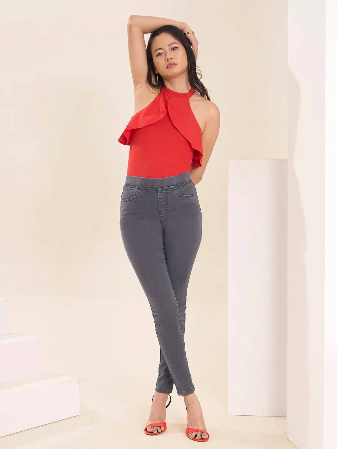 ZOLA Comfortable Denim Dark Grey Full Length Jegging for Women